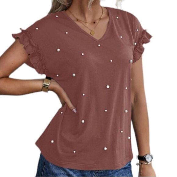 SHEIN NEW WOMENS PEARLS BEADED BATWING SLEEVES TEE SHIRT REDWOOD COLIR LARGE - Picture 3 of 6